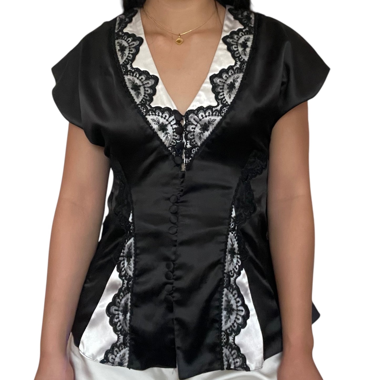 Satin Lace Tie Blouse