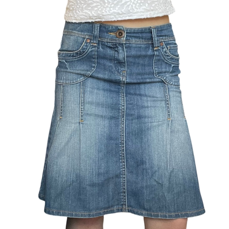 Low Rise Blue Denim Midi Skirt