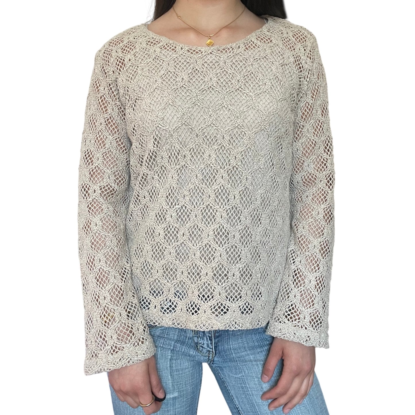 Beige Long Sleeve Crochet Top