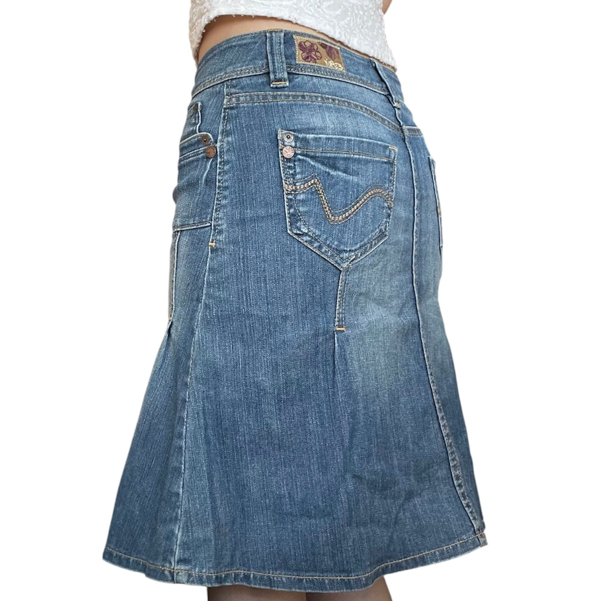 Low Rise Blue Denim Midi Skirt