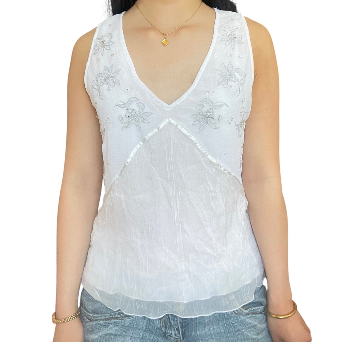 White Floral Mesh Tank Top