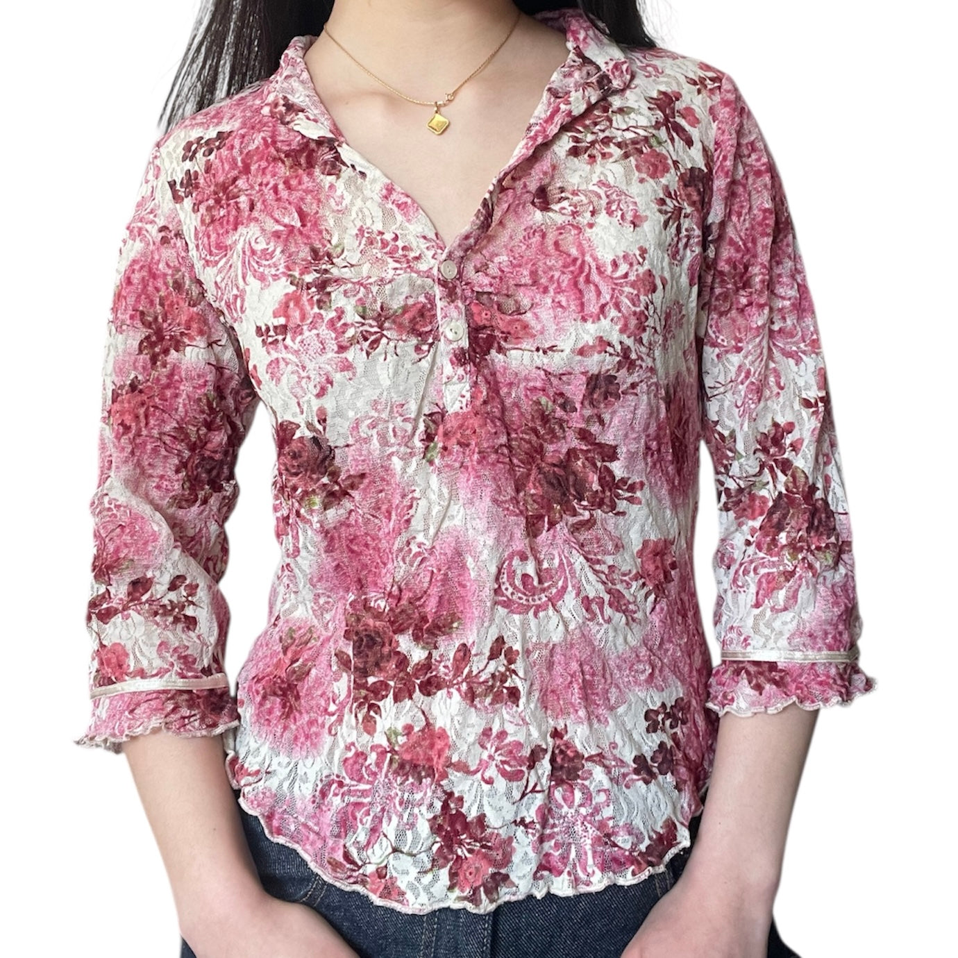 Mesh Floral 3/4 Sleeve Blouse