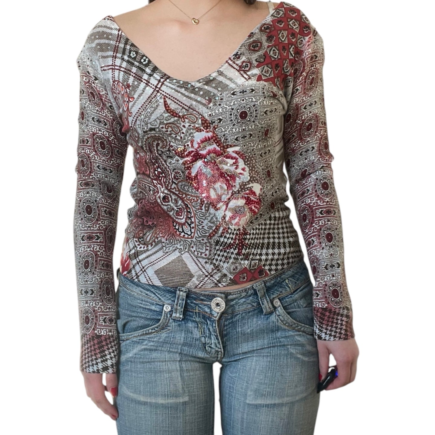 Graphic Flower V-Neck Top