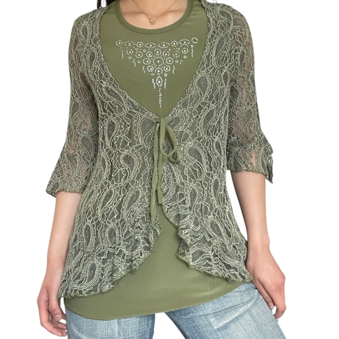 Lace Rhinestone 3/4 Sleeve Top