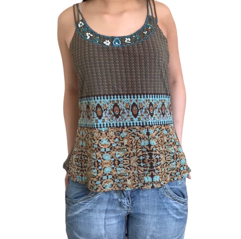 Tanktop aus Netzstoff mit Blumenmuster und Perlen